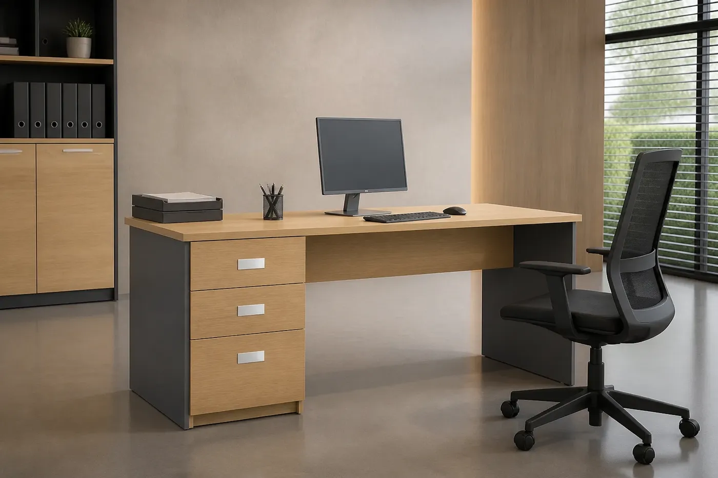 Mesa Modena pedestal 3 gavetas — aplicação em ambiente