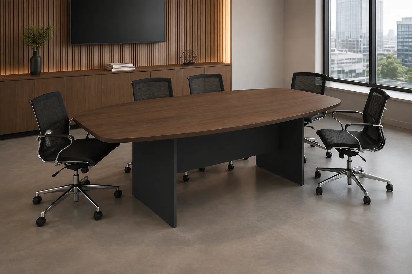 Mesa de reunião semi-oval pé painel — aplicação em ambiente