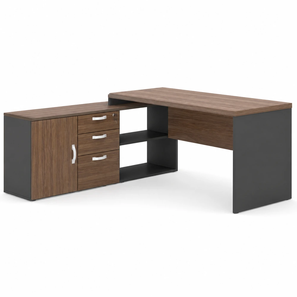 Mesa reta com credenza pé painel 3 gavetas