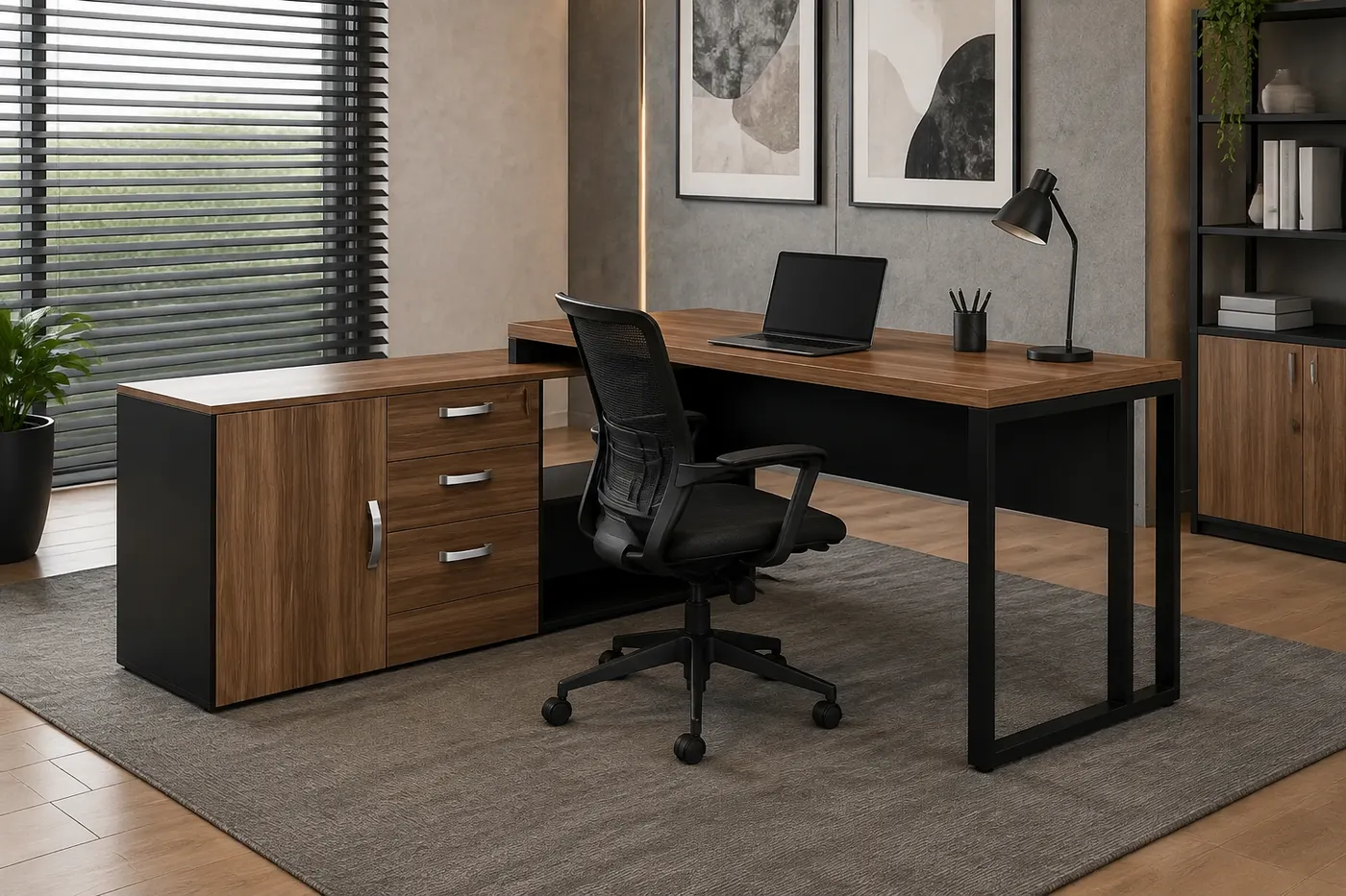 Mesa reta com credenza pé retangular 3 gavetas — aplicação em ambiente