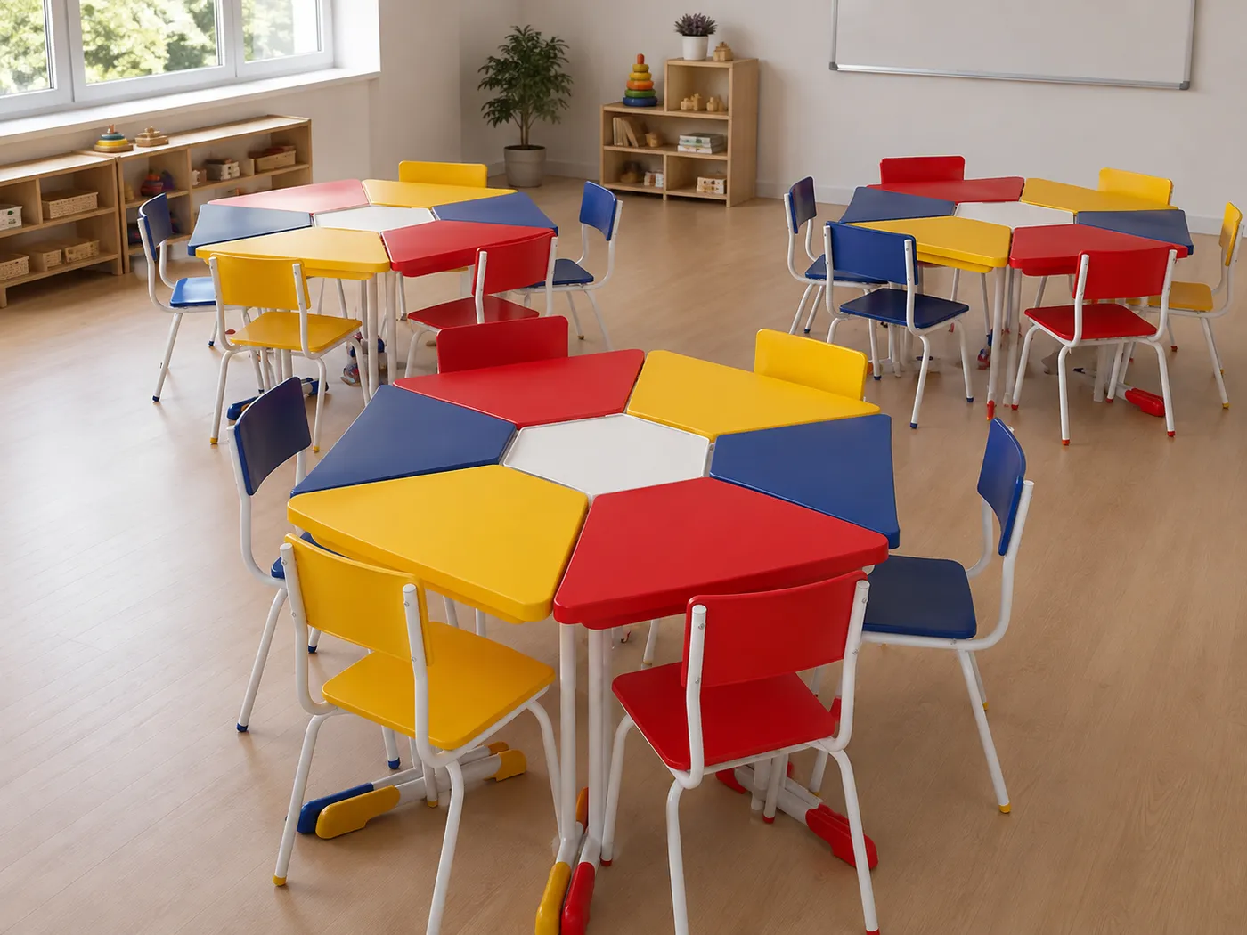 Conjunto escolar coletivo hexagonal em ambiente